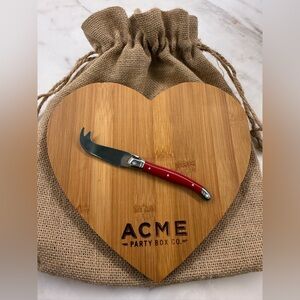 ❤️ Heart Bamboo Charcuterie Cheese Board Red Knife Burlap Bag Valentines Day NWT